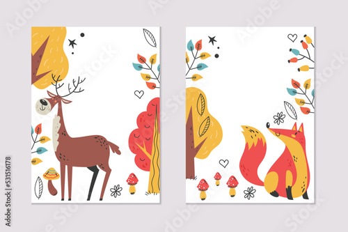 Forest cute animal invitation text place cards sticker set. Vector graphic design element illustration