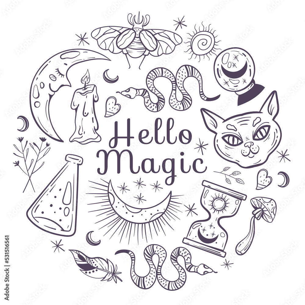 Esoteric witch magic occult alchemy spiritual round banner abstract concept. Vector graphic design element illustration