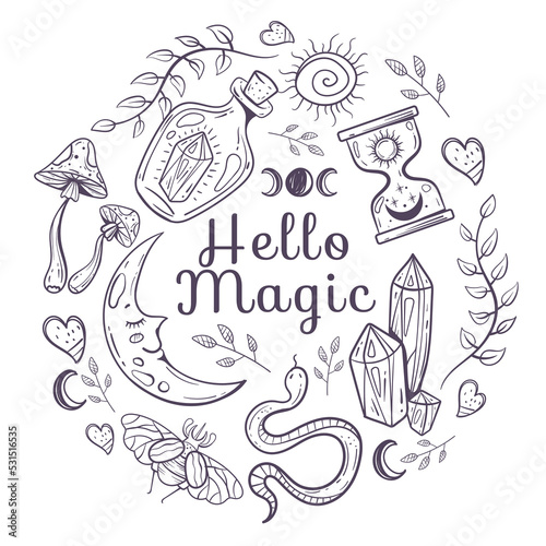 Esoteric witch magic occult alchemy spiritual round banner abstract concept. Vector graphic design element illustration