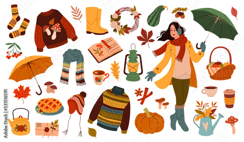 Autumn elements. Cute girl in warm clothes for rainy season holds umbrella, cozy knitting things and botanical objects, orange leaves and kettle with hot tea, tidy cartoon flat vector set