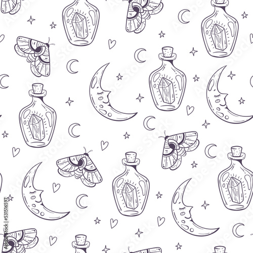 Magic mystic spiritual alchemy witch magic esoteric seamless pattern concept. Vector graphic design element illustration