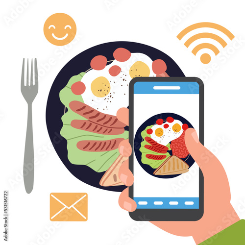 Blog about food, photo sharing in social networks. Plate with meal top view, hand take picture on smartphone, cooking media content, blogger vector cartoon flat concept