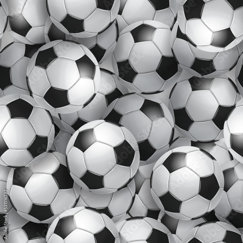 Seamless pattern made of many realistic soccer balls in white and black colors