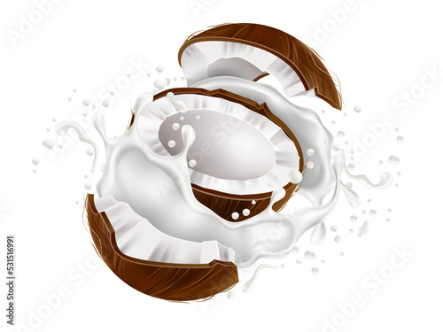 Coconut in milk splashes. Realistic flying pieces and half coconut, yogurt creamy drops, white liquid in motion and drops, dairy drink isolated composition, dry food, utter vector 3d concept