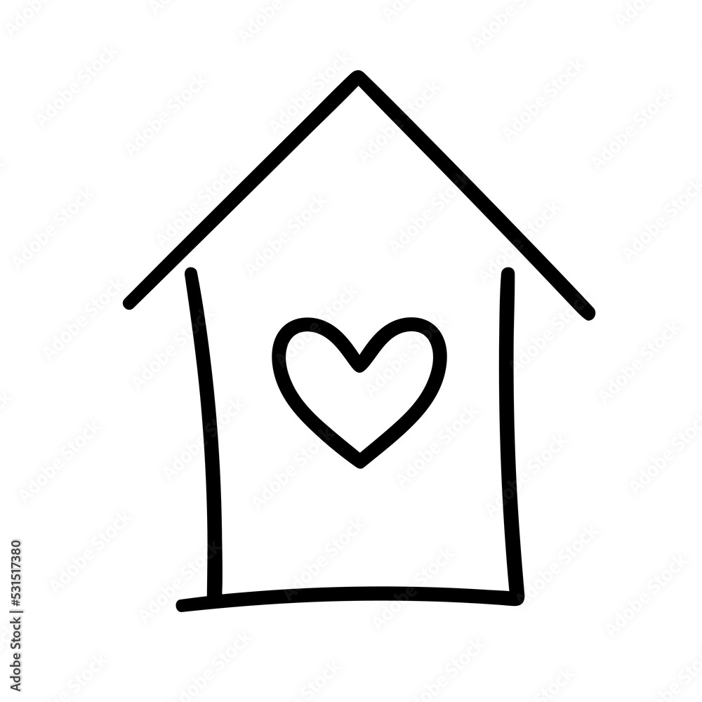 Vector Doodle Outline Drawing of a House with a Heart. Home Line Icon Isolated on a White Background. Children's Drawing. Romantic Decorative Element for Valentine's Day Design. Sticker, Logo, Tattoo.