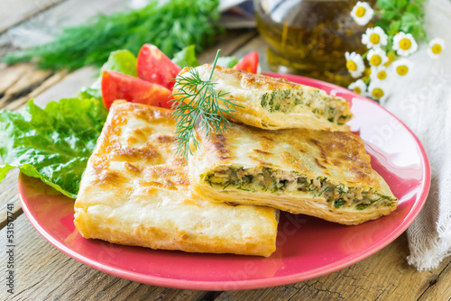 Fried pita bread stuffed with chicken, cheese and herbs served on a ceramic plate. Wooden background. Selective focus