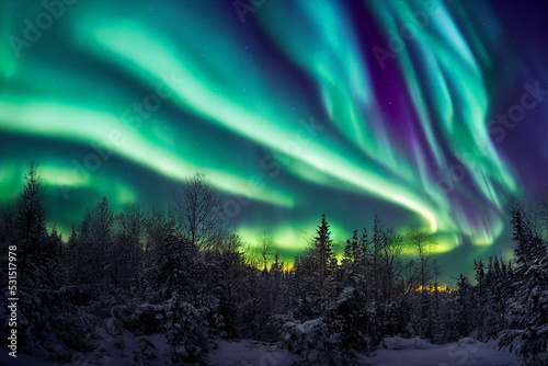 Northern Lights over the forest. Aurora borealis with starry in the night sky. Fantastic Winter Epic Magical Landscape 