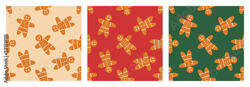 A cartoon set of three hand-drawn colored vector seamless patterns with ginger men.