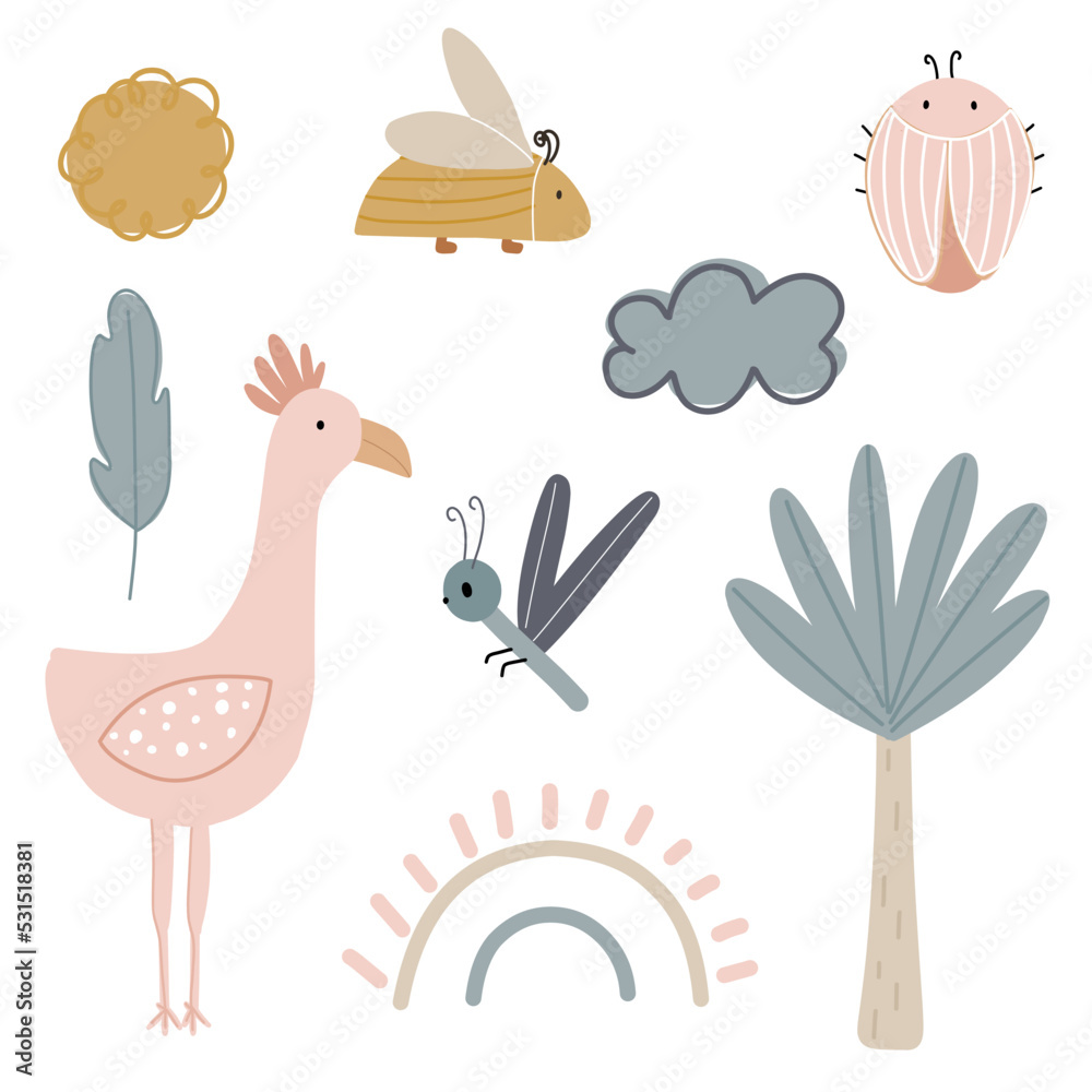 Set of funny sticker vector illustrations in cartoon style pink bird on long legs, bugs, cookies, feather, dragonfly, rainbow, palm tree, cloud Set of funny sticker vector illustrations in cartoon style pink bird on long legs, bugs, cookies, feather, dragonfly, rainbow, palm tree, cloud