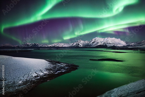 Northern Lights over lake. Aurora borealis with starry in the night sky. Fantastic Winter Epic Magical Landscape of snowy Mountains. Gaming RPG background and texture. Game asset