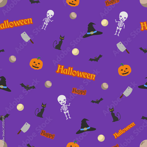 Halloween party pattern, seamless vector pattern with cute elements cats, pumpkins, wavy leaves. © RP