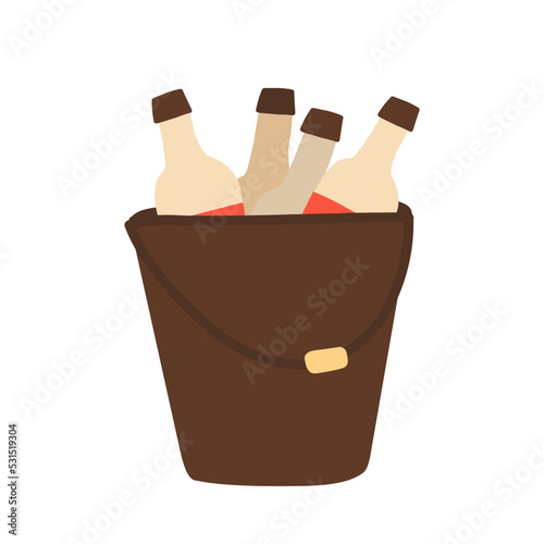 Summer vector illustration bottles in beige bucket in cartoon style