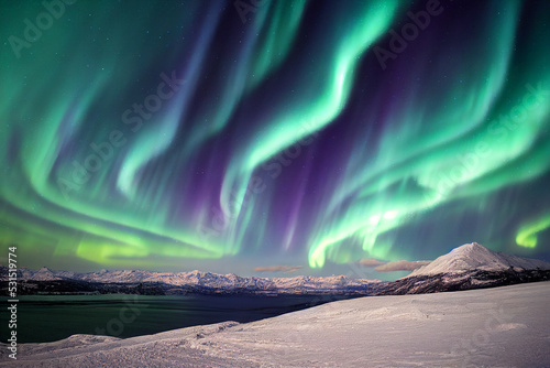 Northern Lights over lake. Aurora borealis with starry in the night sky. Fantastic Winter Epic Magical Landscape of snowy Mountains 