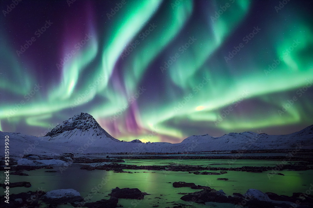 Northern Lights over lake. Aurora borealis with starry in the night sky. Fantastic Winter Epic Magical Landscape of snowy Mountains	