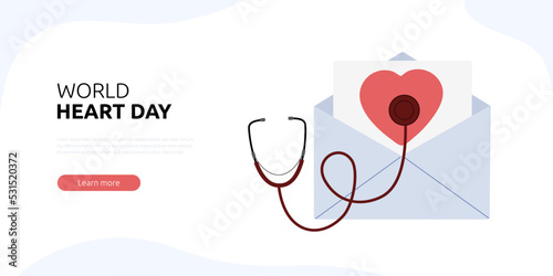 World heart day web banner or landing page. Heart in a mail envelope and phonendoscope. Vector illustration isolated on white background.