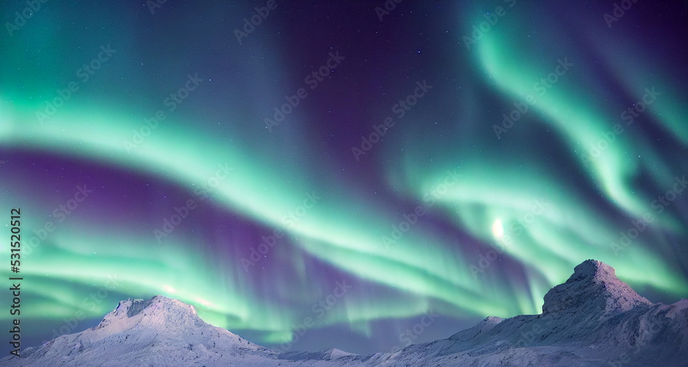 Northern Lights over snowy mountains. Aurora borealis with starry in the night sky. Fantastic Winter Epic Magical Landscape of Mountains	