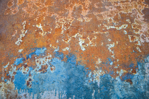 Blue and rusty iron sheet surface. Metal rust texture or background