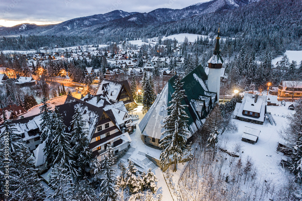 Obraz na płótnie Winter wonderland in Zakopane, Snowy landscape, aerial drone view w salonie