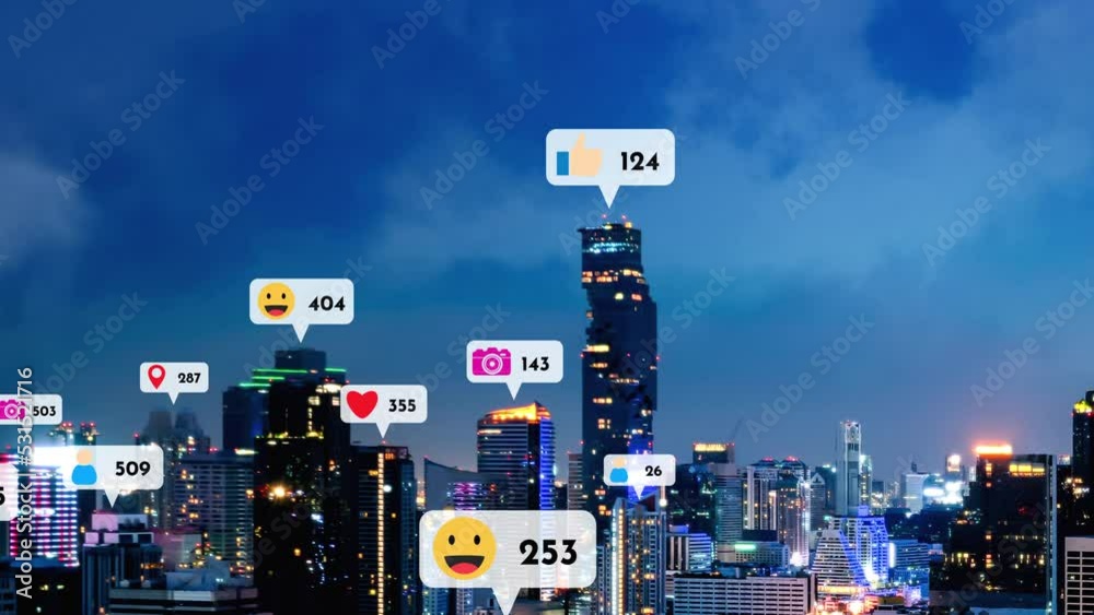 Social media icons fly over city downtown showing people reciprocity connection through social network application platform . Concept for online community and social media marketing strategy .
