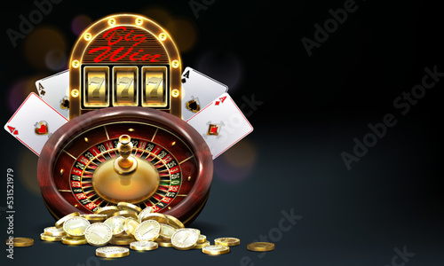Casino Illustration with roulette wheel , poker cards , slot machine, gold money heap.Vector illustration of gambling.   Game design, flyer, poster, banner, advertisement.Big win illustration casino.