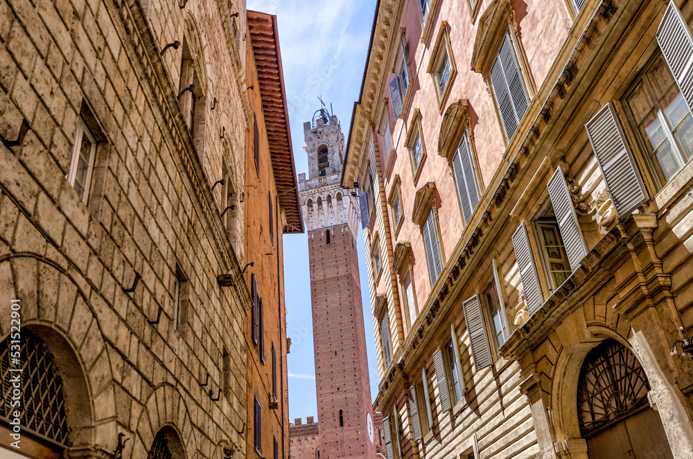 Sienna, Italy - July 14, 2022: The Mangia Tower of Siena Italy seen between buildings
