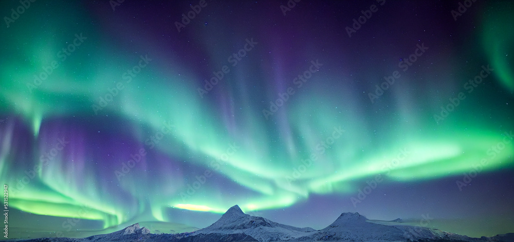 Northern Lights over snowy mountains. Aurora borealis with starry in the night sky. Fantastic Winter Epic Magical Landscape of Mountains. Gaming RPG background and texture. Game asset