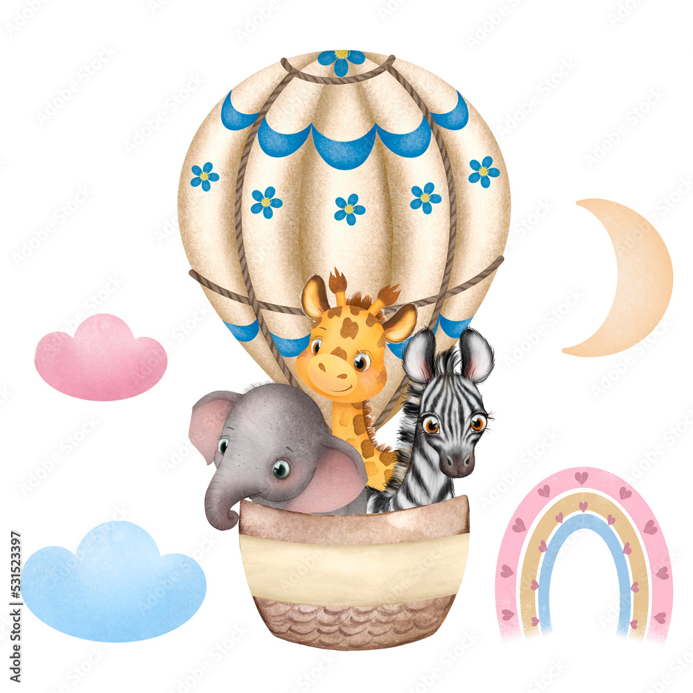 Hot air balloon safari animals, baby room decor, nursery decor, African
