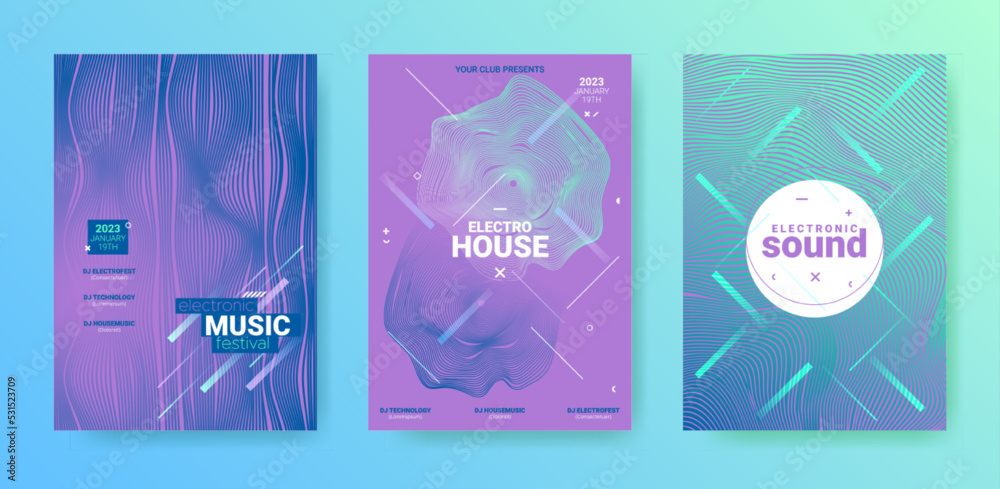 Electro Music Cover Collection. Techno Party Poster. Gradient Wave Line. Abstract Dj Banner. Electronic Music Cover Set. Geometric Sound Rhythm. Vector Edm Illustration. Electronic Music Covers.
