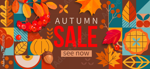 Autumn sale 2022 horizontal banner in geometric simple style and realistic cartoon style for seasonal shopping promotion,web.Template for discount cards,flyers, posters, advertise, print.Vector.