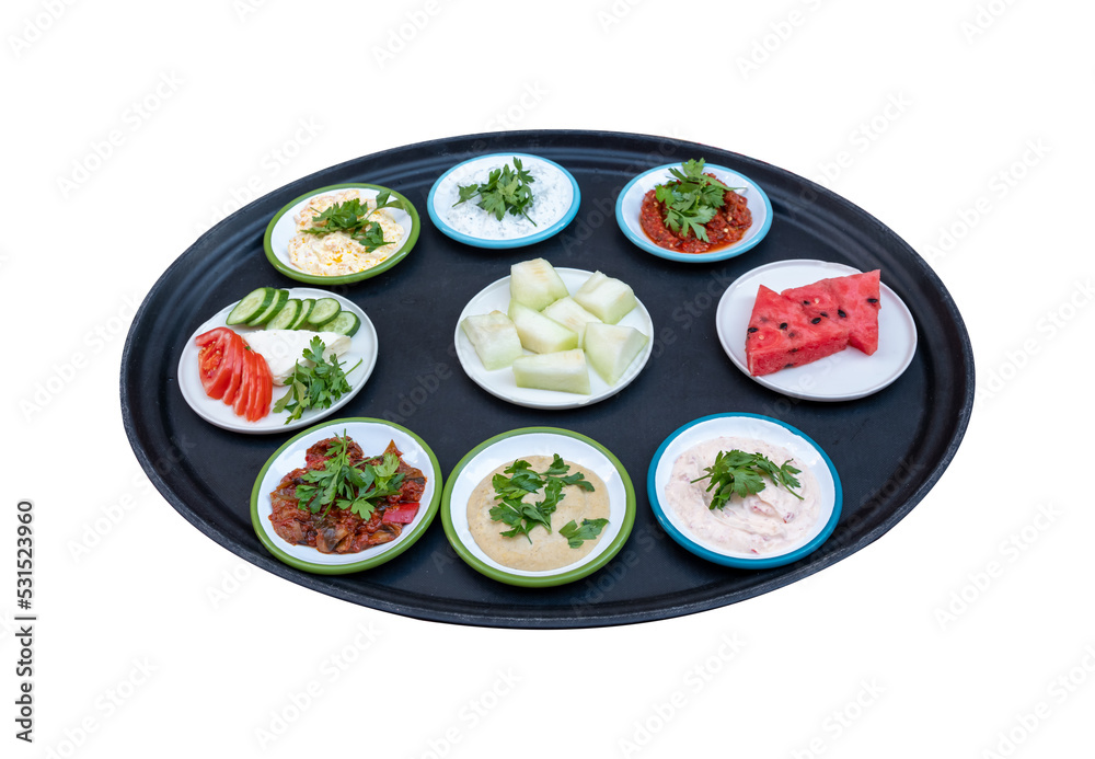 Turkish appetizers on the serving plate. Meze. Top view Turkish appetizers on the serving plate. Meze. Top view