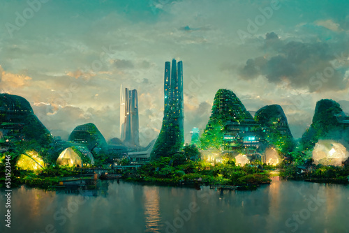 Billede på lærred Green Utopia Futuristic City on Coast of Tropical Sea Lagoon CG Art Illustration