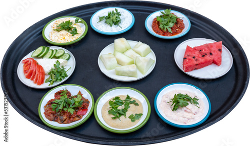 Turkish appetizers on the serving plate. Meze. Top view