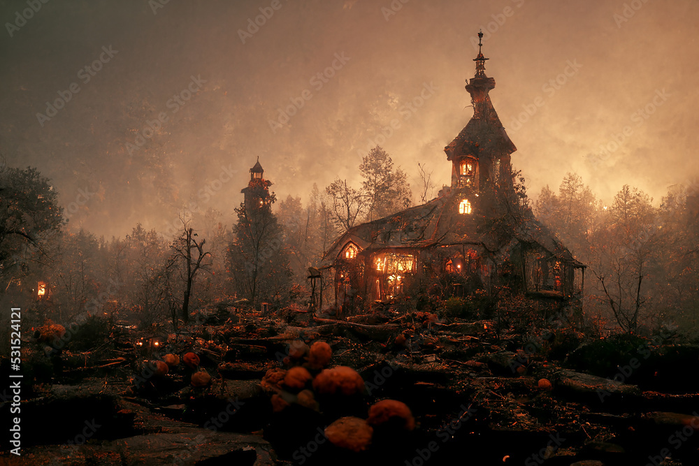 Fototapeta premium Spooky Witch House in Autumn Mystical Village 3D Art Illustration. Creepy Mansion in the Middle of the Forest Halloween Horror Background. Mysterious Dwelling AI Neural Network Generated Art Wallpaper