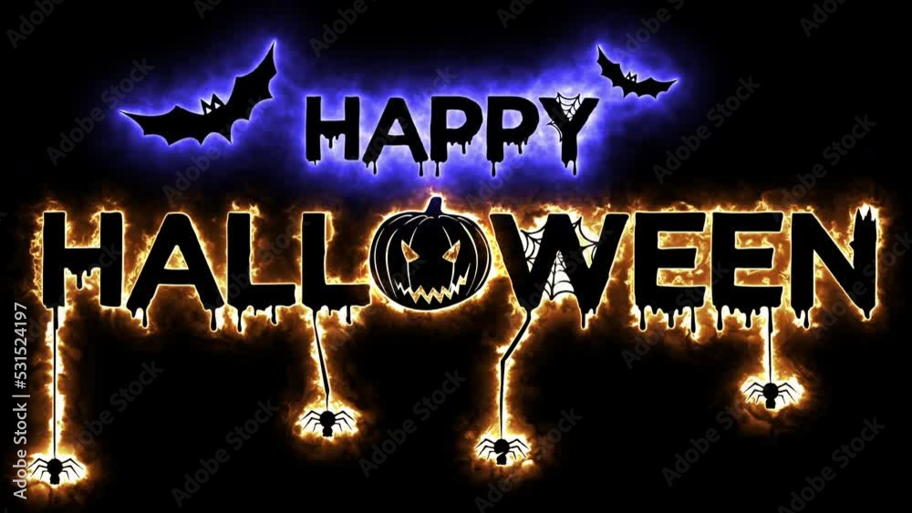 animation of a happy halloween.happy halloween with neon lights.the pumpkin appears and the word halloween catches fire.dangling spiders and cobwebs.Halloween party