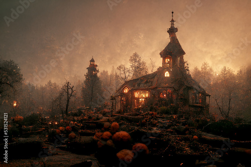 Print op canvas Spooky Witch House in Autumn Mystical Village 3D Art Illustration