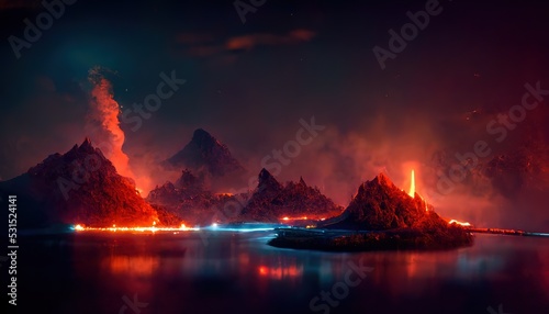 Fotografia Erupting volcanoes with lava and smoke in ocean at night