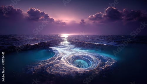 Mysterious whirlpool near cliff coast in ocean at night photo