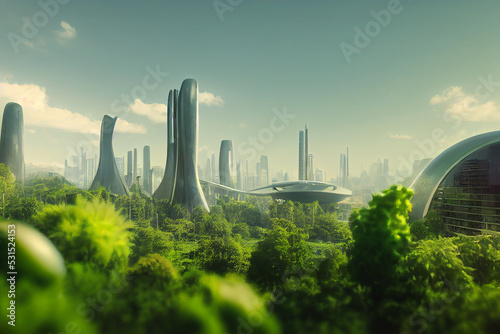 Sci-Fi Green Utopia Futuristic City Environmentalism Concept 3D Art Illustration. High Rise Sustainable Buildings in Green Ecological Metropolis Background. Environmental Protection AI Generated Art photo