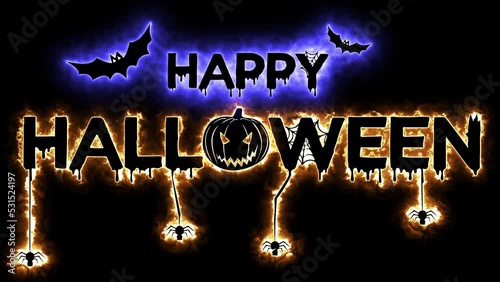 animation of a happy halloween.happy halloween with neon lights.the pumpkin appears and the word halloween catches fire.dangling spiders and cobwebs.Halloween party