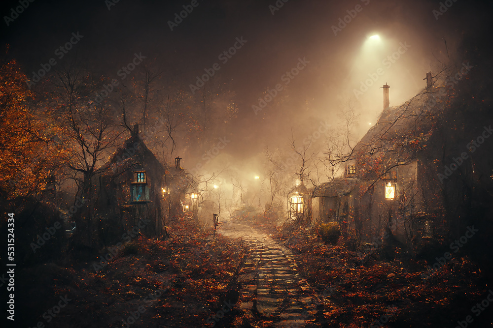 Fototapeta premium Stone Path Between the Huts of a Spooky Mystical Village at Autumn Night 3D Art Illustration. Halloween Mysterious Ghost Land Fantasy Background. Witch House AI Neural Network Generated Art Wallpaper