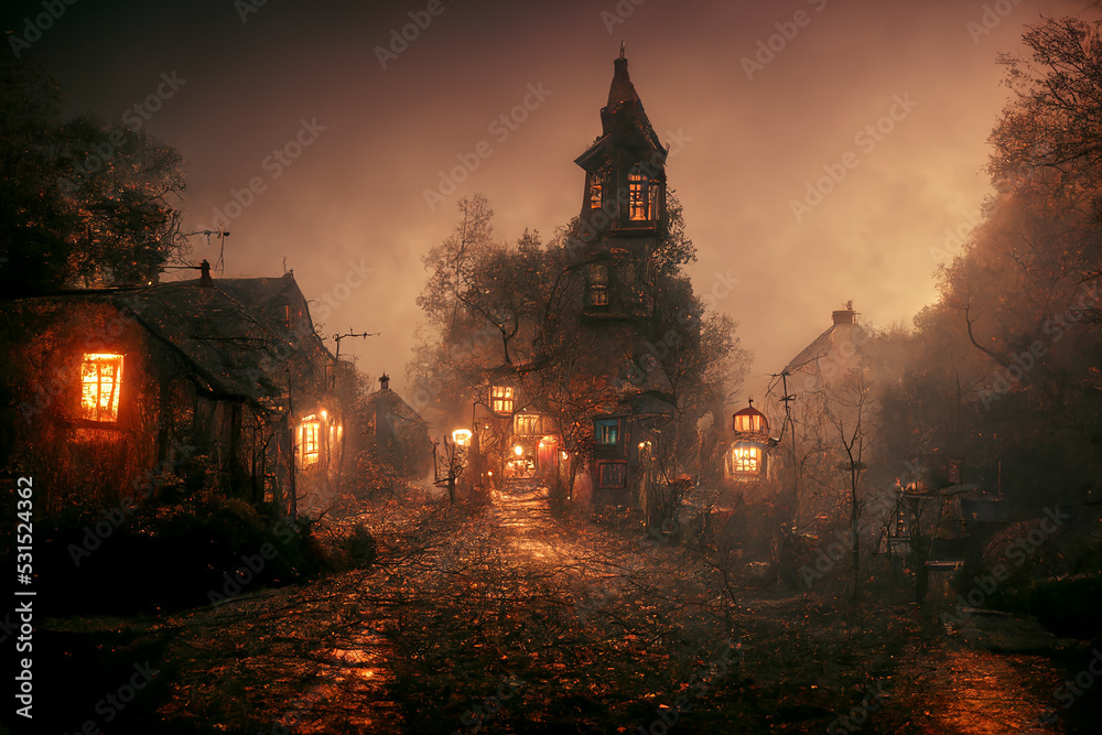 Naklejka premium Mystical Autumn Night in the Old Ghost Village 3D Art Illustration. Small Old Town Creepy Misty Street with Lights and Weird Houses Halloween Background. AI Neural Network Generated Art Wallpaper
