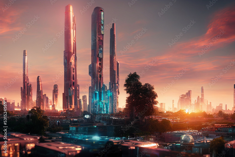 Evening Modern Sustainable City with Futuristic Architecture 3D Art Illustration. Science