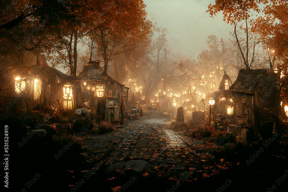 Naklejka premium Misty Cemetery with Lights in Mystical Autumn Old Small Town 3D Art Fantasy Illustration. Spooky Huts in Ghost Village Mysterious Halloween Background. Ominous Witch Street in Oldtown AI Generated Art