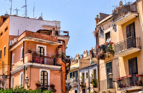 Taormina, Italy - July 22, 2022: Scenic streets and sidewalks in Taormina, Sicily 