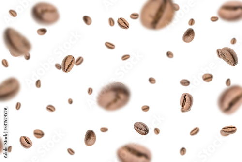 Coffee flying bean background. Black espresso grain falling. Rustic coffee bean fall on white background. Represent breakfast  energy  freshness or great aroma concept.