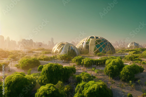 Vászonkép Futuristic Greenhouse Farming Outside the City Conceptual 3D Art Illustration