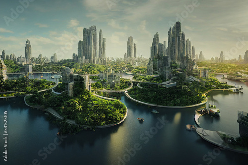 Green Utopia Futuristic Metropolis on the Coast of a Tropical Sea 3D Art Illustration. Environment Friendly Green Ecologic Sci-Fi City Conceptual Background. AI Neural Network Generated Art Wallpaper photo