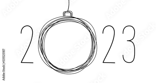Hand drawn New Year lettering, year 2023 line art and Christmas ball