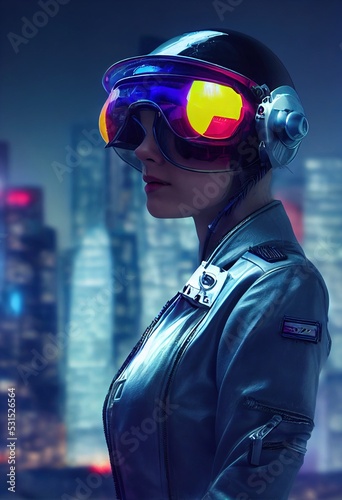 Fotografiet Portrait of a fictional futuristic female pilot in an aviation helmet and pilot's suit