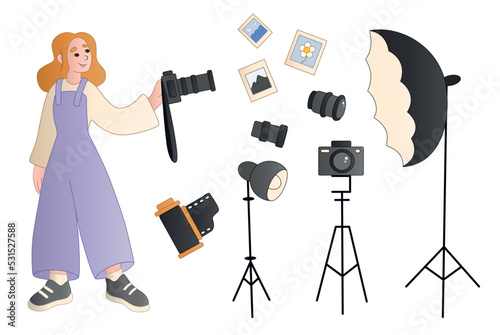 Set of female photographer with modern professional equipment on white background